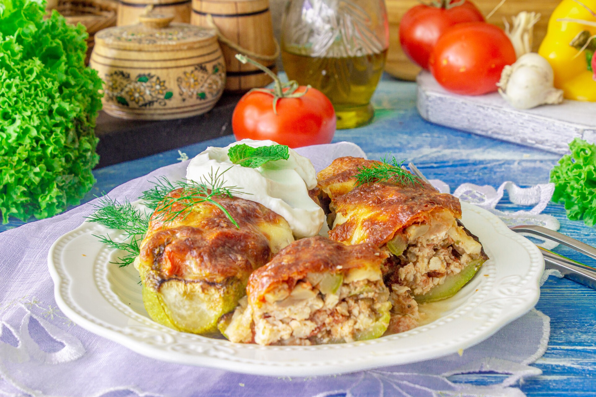 Шаг 18 приготовления Фаршированные кабачки с курицей и грибами