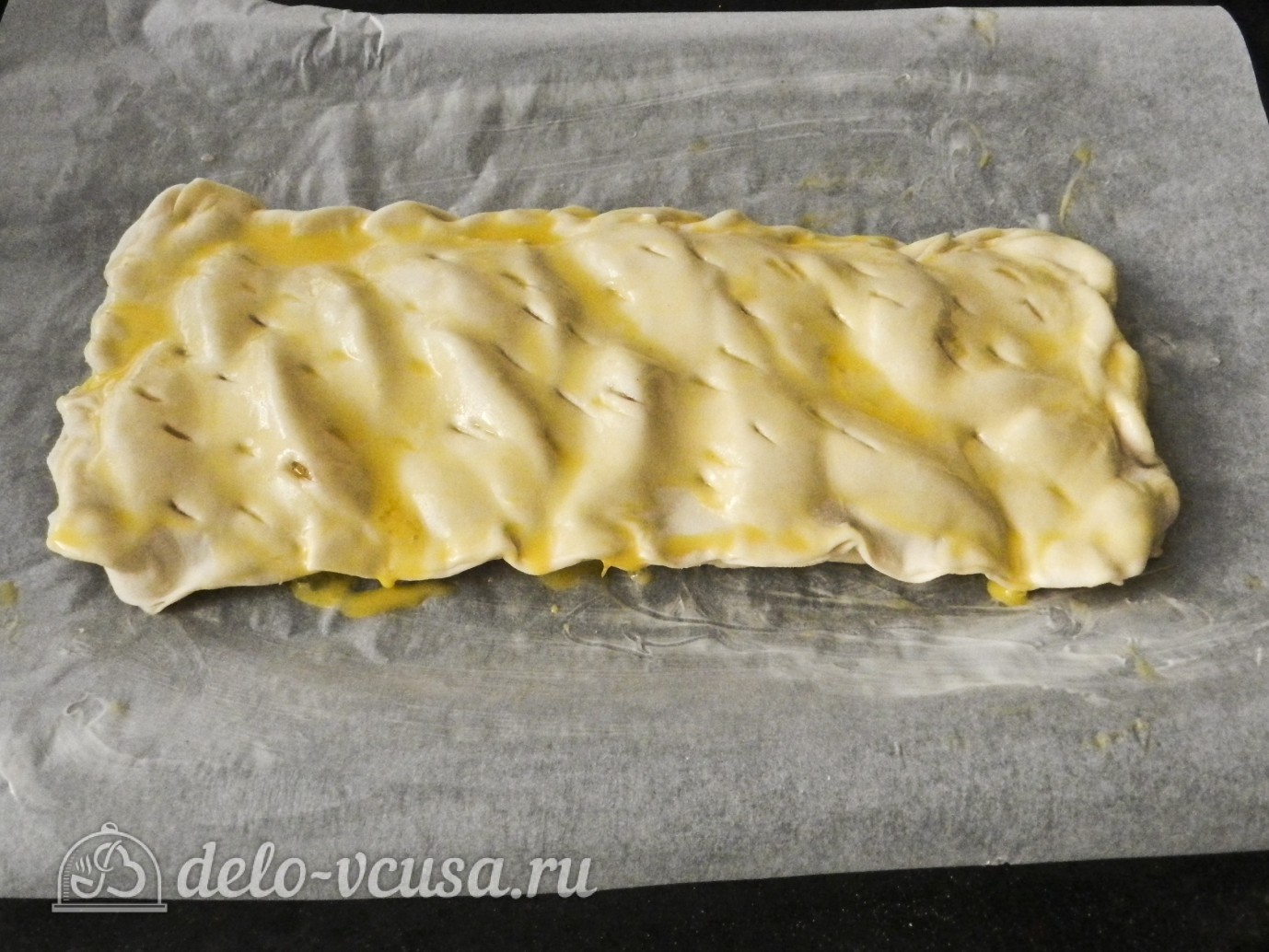 Шаг 12 приготовления Пирог из слоеного теста с персиками
