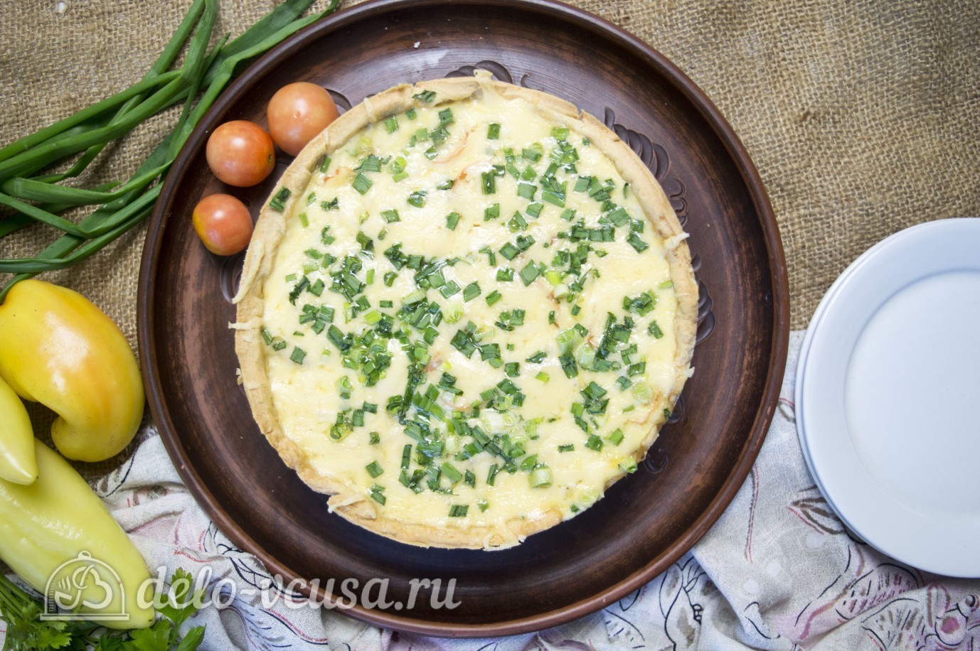 Обложка рецепта Открытый пирог с курицей и овощами