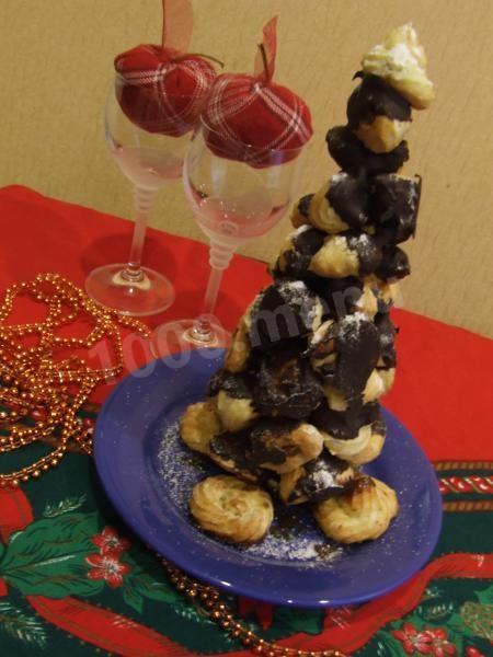 Обложка рецепта Шоколадная елка из профитролей Croquembouche